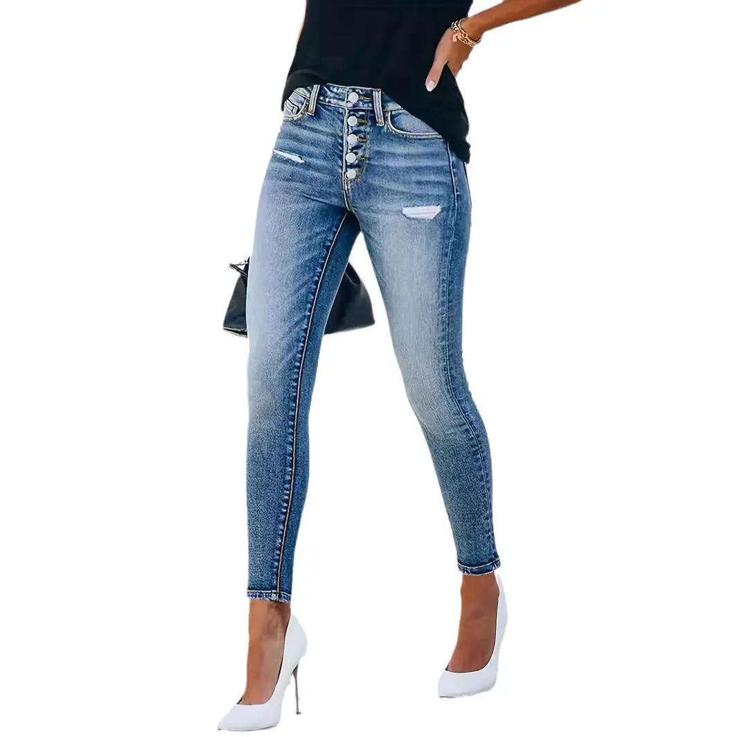 Bodycon Pencil Jeans Women Denim High Waist Trousers Row Buttons Holes Pants Y2j Streetwear Skinny Fit Ankle Lenth 2025 Spring