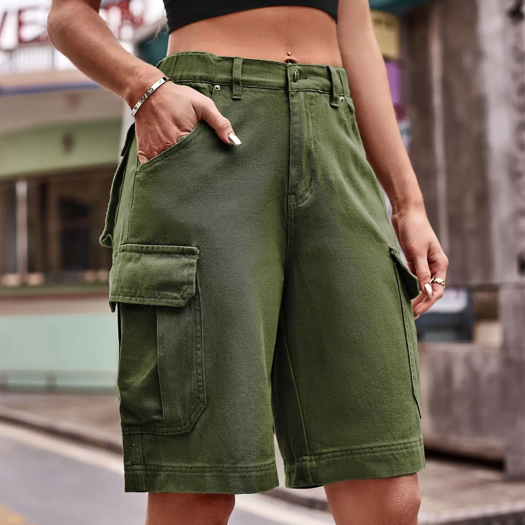 Mom Jeans Women Knee Length Cargo Pants Vintage Multiple Pockets Elastic Waist Female Streetwear Straight Party Denim Party 2025