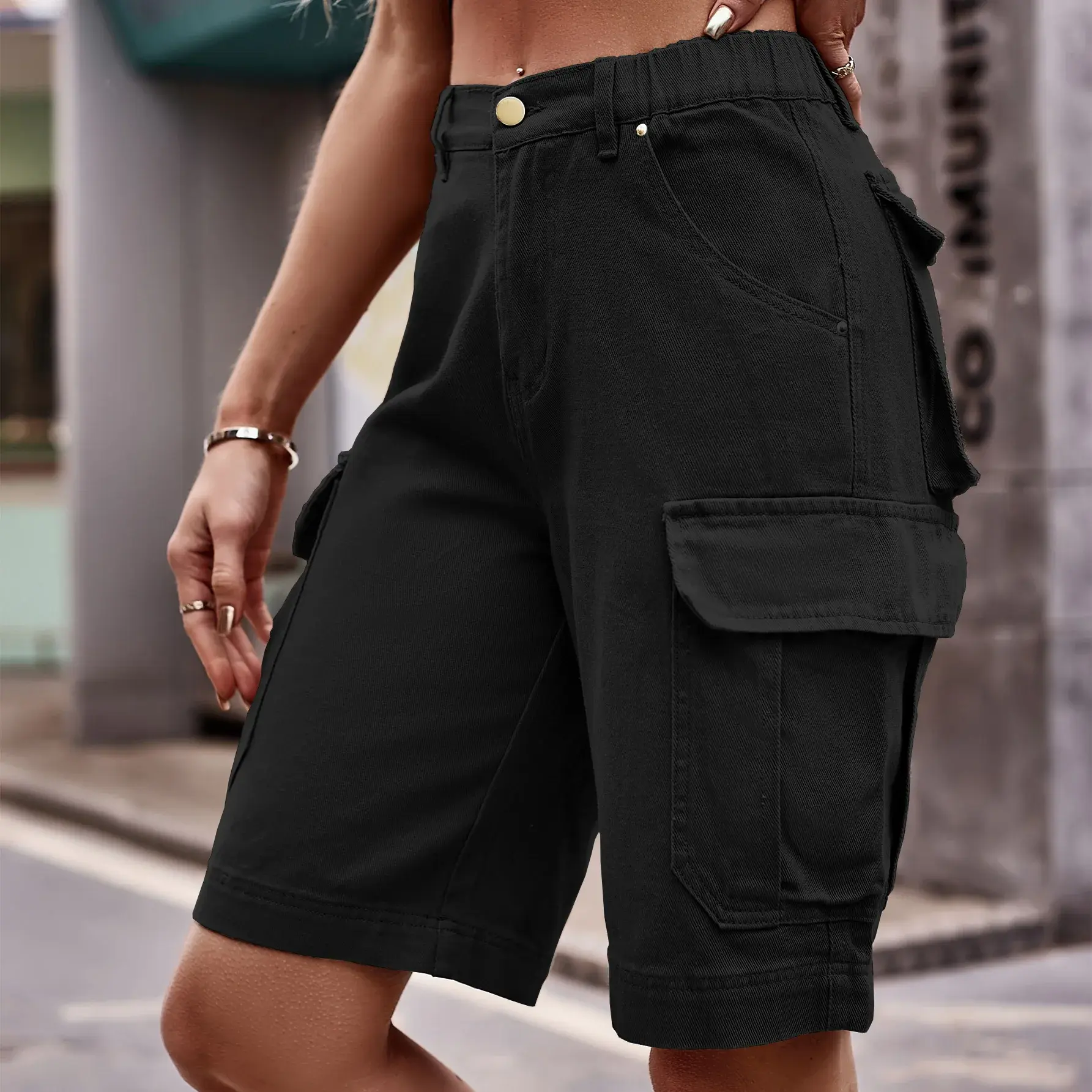 Mom Jeans Women Knee Length Cargo Pants Vintage Multiple Pockets Elastic Waist Female Streetwear Straight Party Denim Party 2025