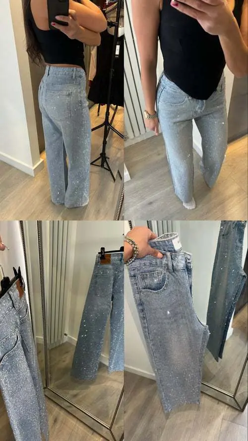 Denim Pant Women Mom Jeans Long Pants Hot Drilling Slim Fit High Waist Straight Trousers Y2k Streetwear Splice Club Party 2025