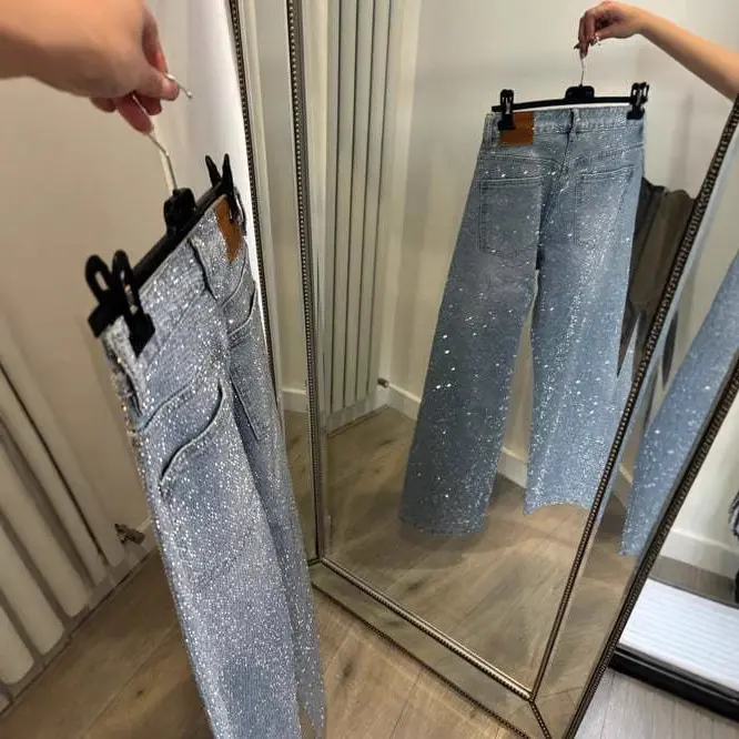 Denim Pant Women Mom Jeans Long Pants Hot Drilling Slim Fit High Waist Straight Trousers Y2k Streetwear Splice Club Party 2025