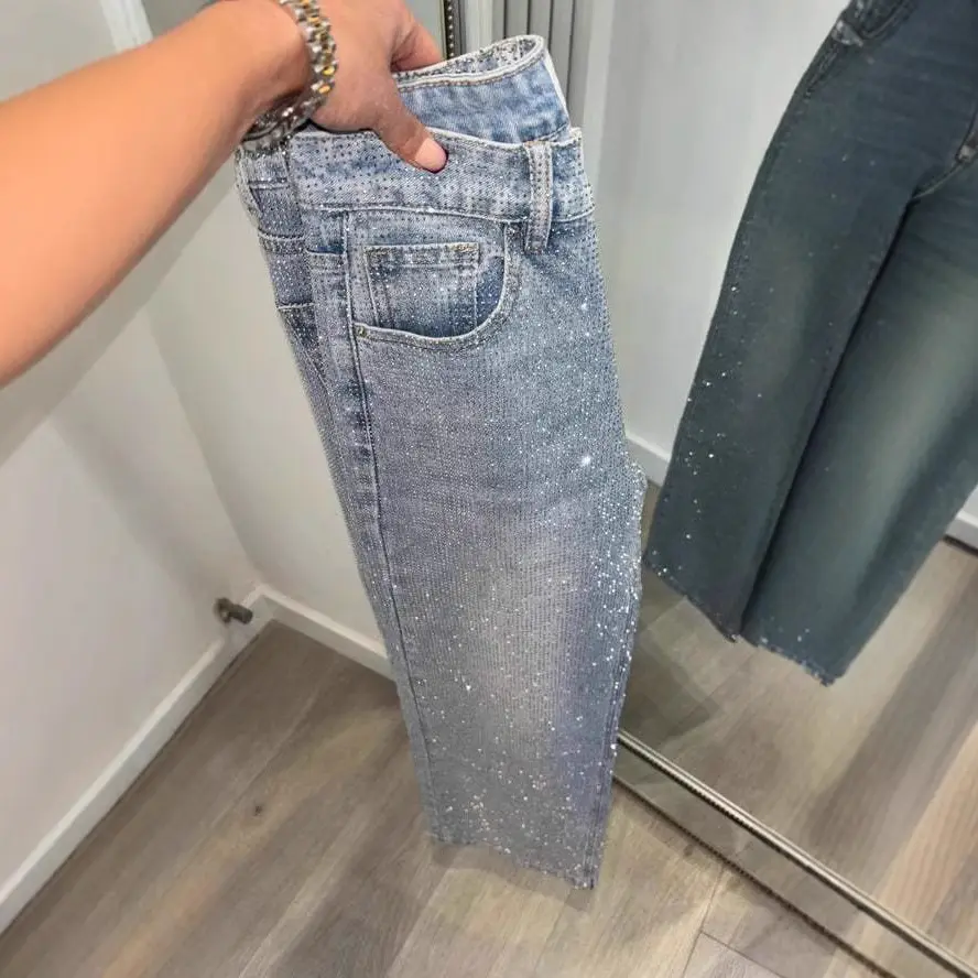 Denim Pant Women Mom Jeans Long Pants Hot Drilling Slim Fit High Waist Straight Trousers Y2k Streetwear Splice Club Party 2025