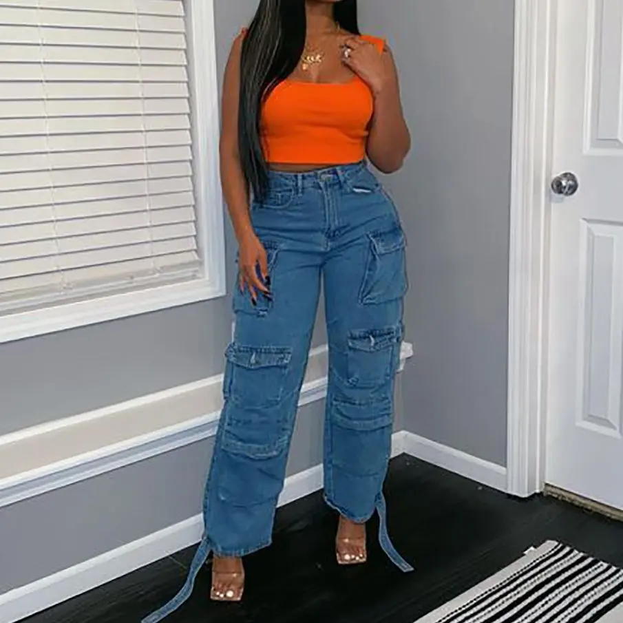 Women Jeans Washing Denim Patchwork Cargo Pants Pockets Mid Waist Zipper Mom Jeans Winter 2025 Slight Strech High Street Loose