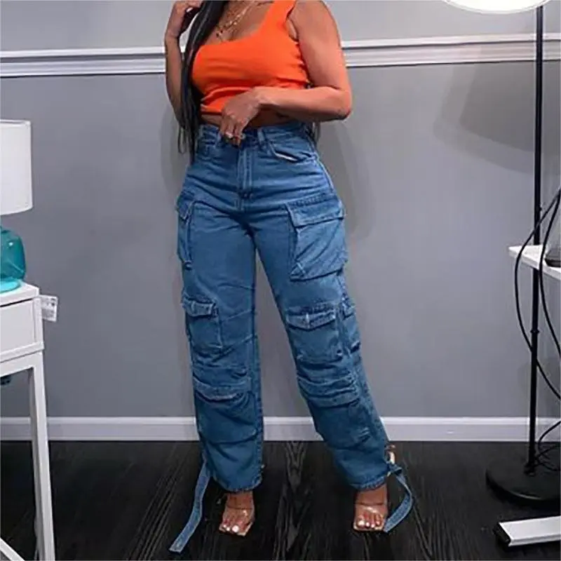 Women Jeans Washing Denim Patchwork Cargo Pants Pockets Mid Waist Zipper Mom Jeans Winter 2025 Slight Strech High Street Loose