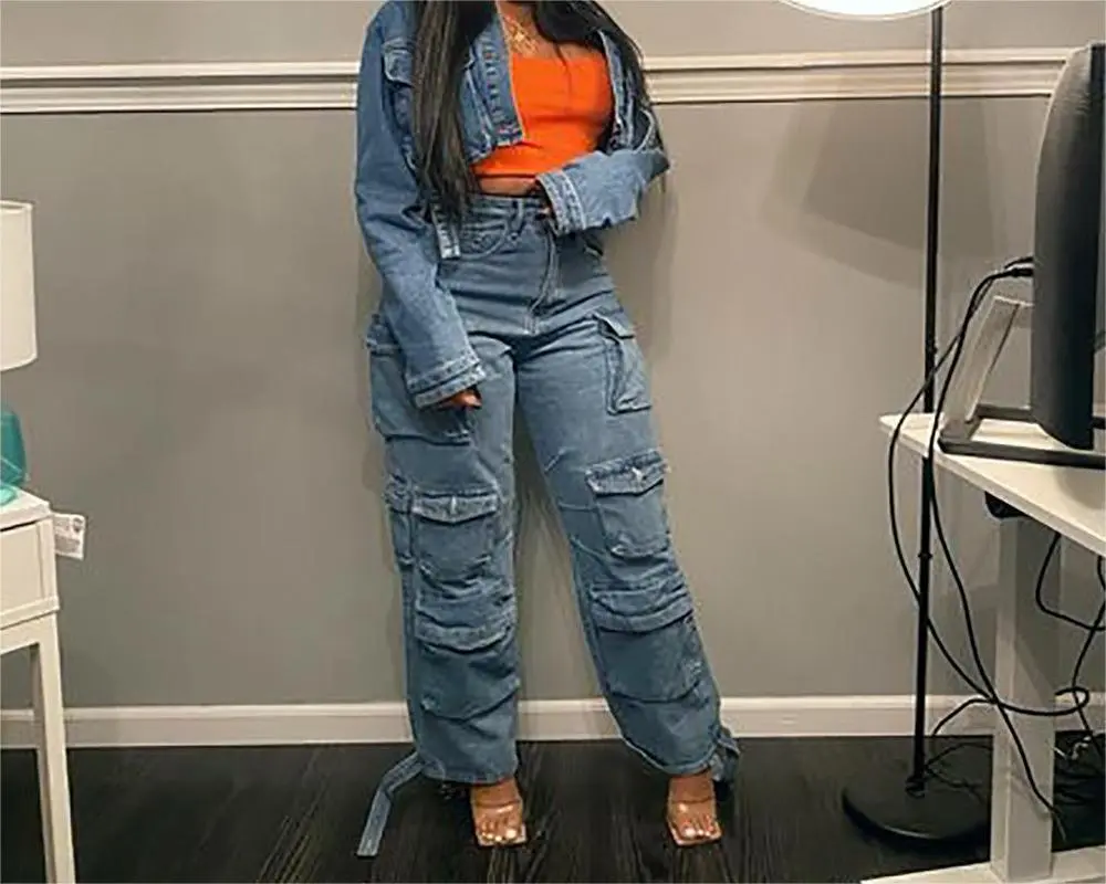 Women Jeans Washing Denim Patchwork Cargo Pants Pockets Mid Waist Zipper Mom Jeans Winter 2025 Slight Strech High Street Loose