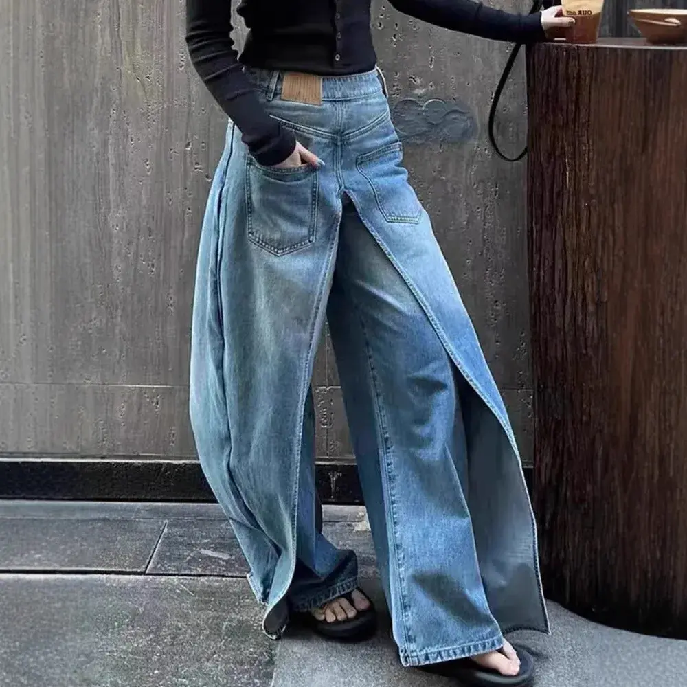 Wide Leg Jeans Women Denim Straight Pants Trousers Floor Length Mom Jeans High Waist Pockets Washed 2025 Streetwear Denims