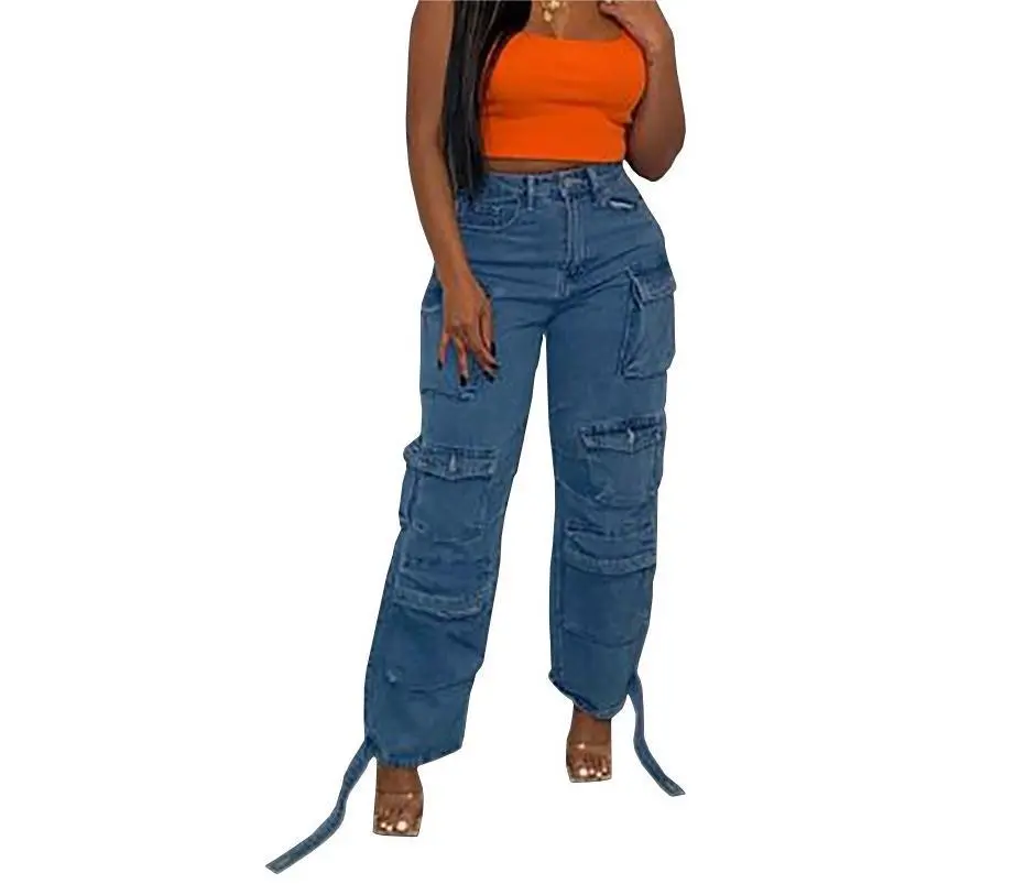 Women Jeans Washing Denim Patchwork Cargo Pants Pockets Mid Waist Zipper Mom Jeans Winter 2025 Slight Strech High Street Loose
