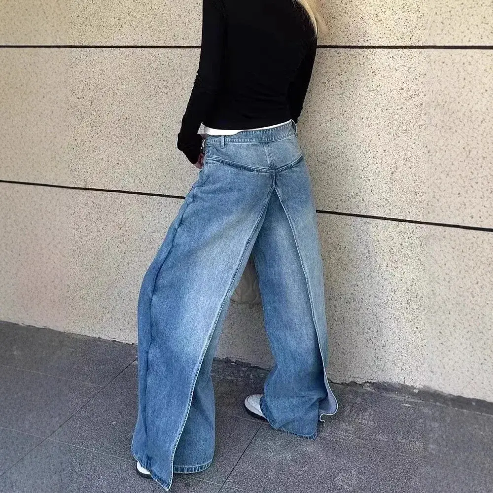 Wide Leg Jeans Women Denim Straight Pants Trousers Floor Length Mom Jeans High Waist Pockets Washed 2025 Streetwear Denims
