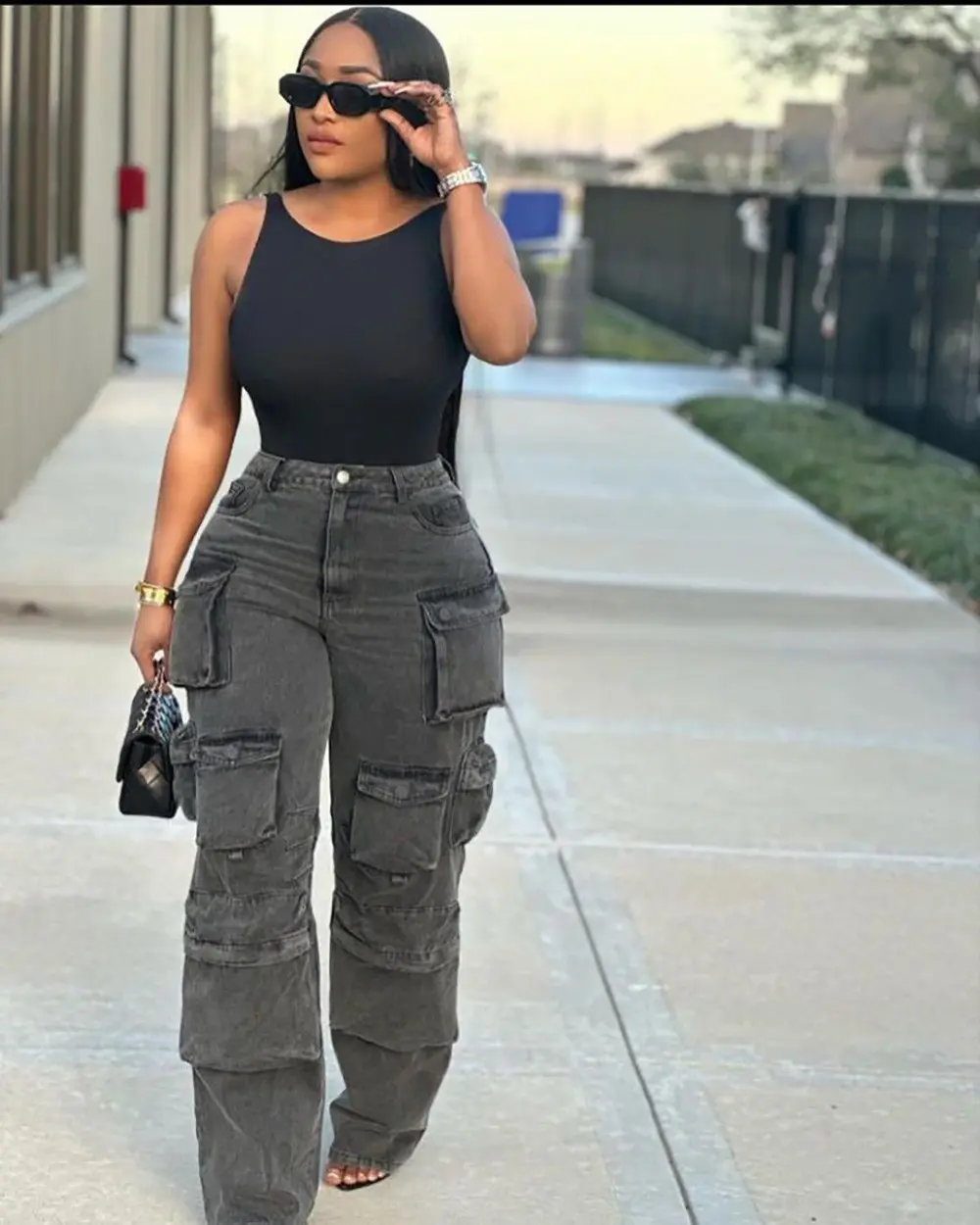 Women Jeans Washing Denim Patchwork Cargo Pants Pockets Mid Waist Zipper Mom Jeans Winter 2025 Slight Strech High Street Loose