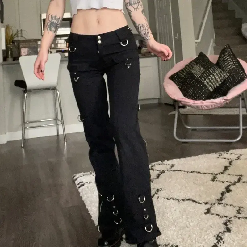 Low Waist Jeans Women Denim Straight Flare Pants Vintage Pockets Zipper Denim Punk 2025 Autumn Streetwear Ankle Length Trousers
