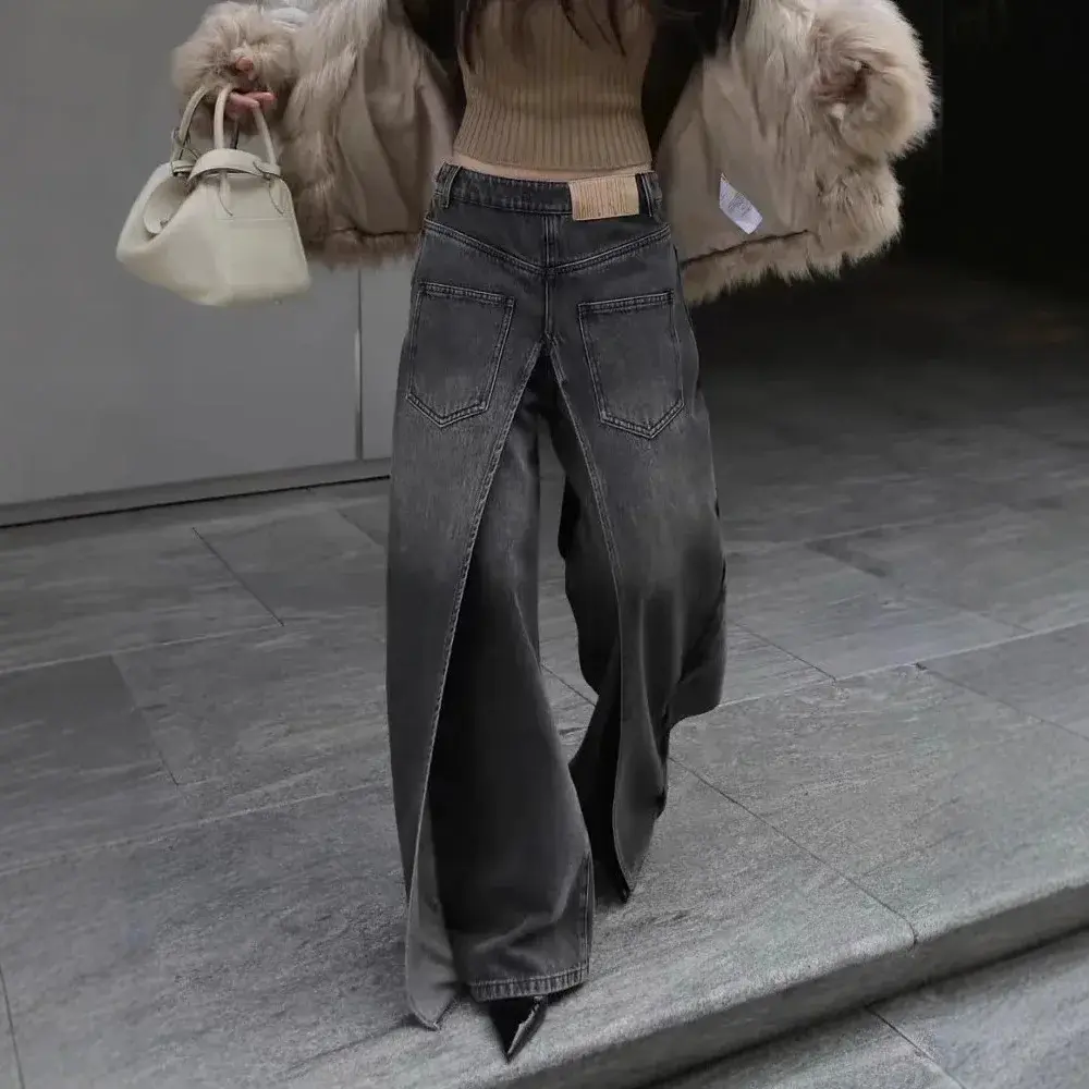 Wide Leg Jeans Women Denim Straight Pants Trousers Floor Length Mom Jeans High Waist Pockets Washed 2025 Streetwear Denims