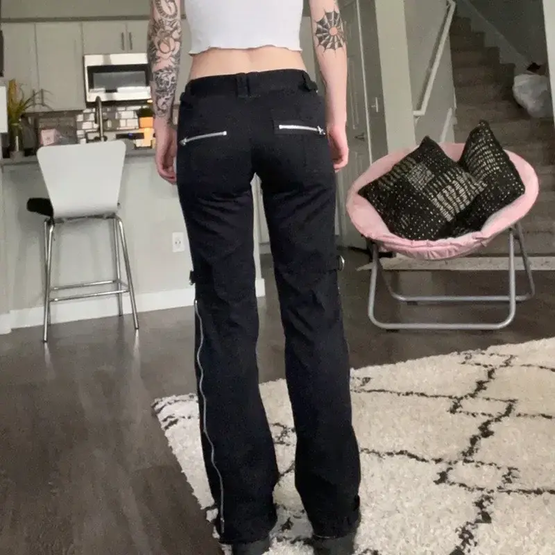 Low Waist Jeans Women Denim Straight Flare Pants Vintage Pockets Zipper Denim Punk 2025 Autumn Streetwear Ankle Length Trousers