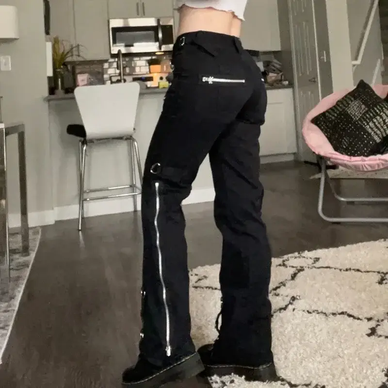 Low Waist Jeans Women Denim Straight Flare Pants Vintage Pockets Zipper Denim Punk 2025 Autumn Streetwear Ankle Length Trousers