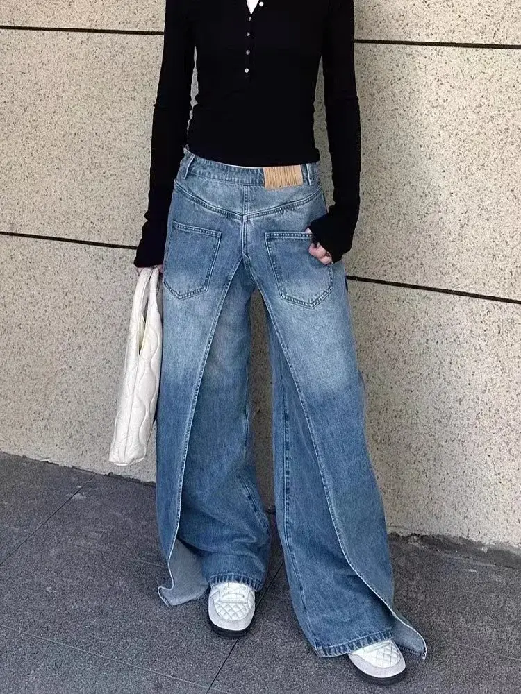Wide Leg Jeans Women Denim Straight Pants Trousers Floor Length Mom Jeans High Waist Pockets Washed 2025 Streetwear Denims