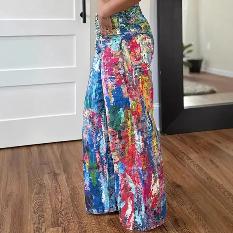 Denim Pant Women Jeans Wide Leg Long Pants Print High Waist Straight Trousers Y2k Streetwear Gothic Elegant Splice Work Casual