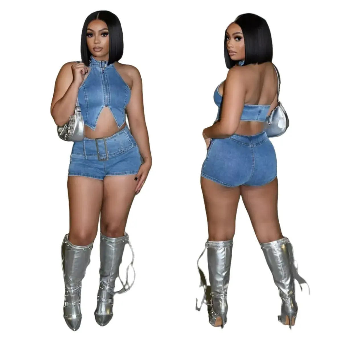 Denim Shorts Suit Women Two Piece Sets Waistcoat Top Sleeveless Backless Distressed Short Pants Club 2025 Summer Sexy Outfits