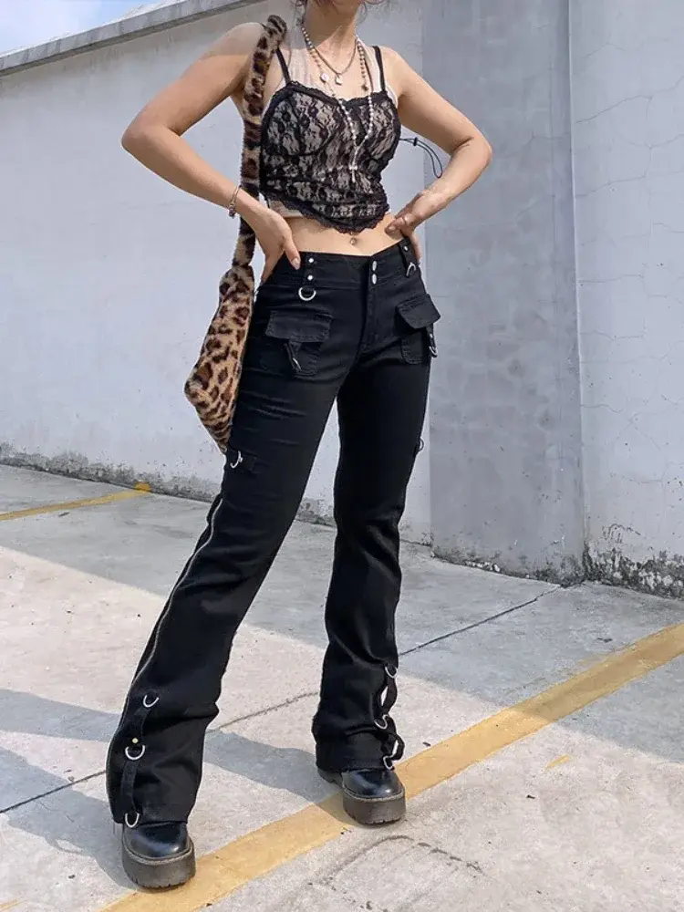 Low Waist Jeans Women Denim Straight Flare Pants Vintage Pockets Zipper Denim Punk 2025 Autumn Streetwear Ankle Length Trousers