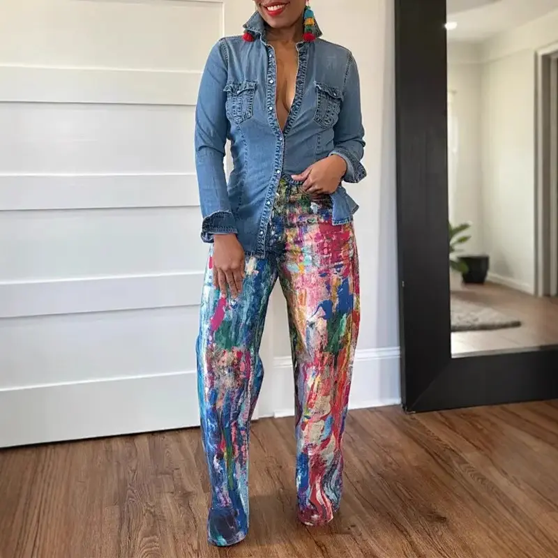 Denim Pant Women Jeans Wide Leg Long Pants Print High Waist Straight Trousers Y2k Streetwear Gothic Elegant Splice Work Casual