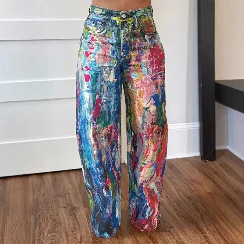 Denim Pant Women Jeans Wide Leg Long Pants Print High Waist Straight Trousers Y2k Streetwear Gothic Elegant Splice Work Casual