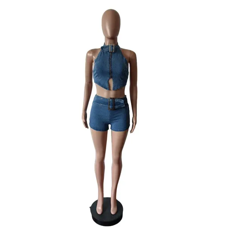 Denim Shorts Suit Women Two Piece Sets Waistcoat Top Sleeveless Backless Distressed Short Pants Club 2025 Summer Sexy Outfits