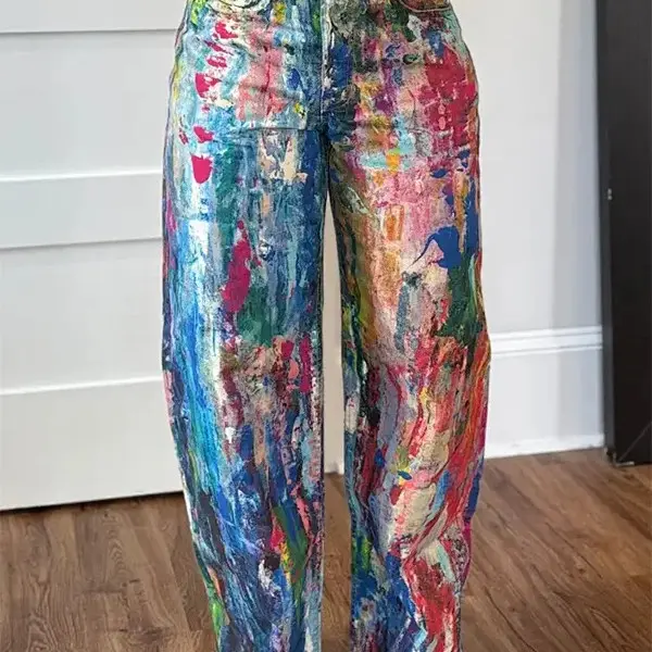 Denim Pant Women Jeans Wide Leg Long Pants Print High Waist Straight Trousers Y2k Streetwear Gothic Elegant Splice Work Casual