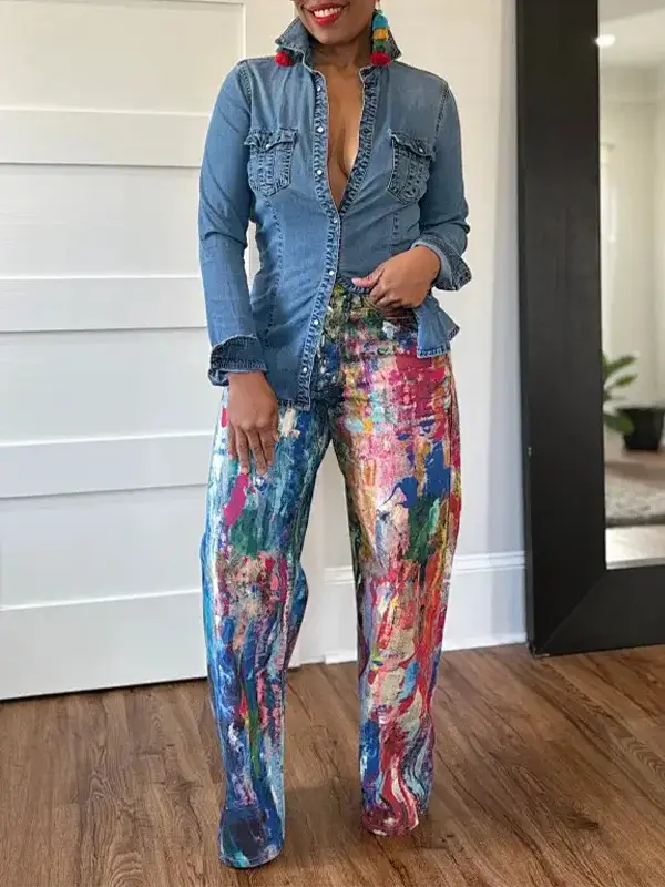 Denim Pant Women Jeans Wide Leg Long Pants Print High Waist Straight Trousers Y2k Streetwear Gothic Elegant Splice Work Casual