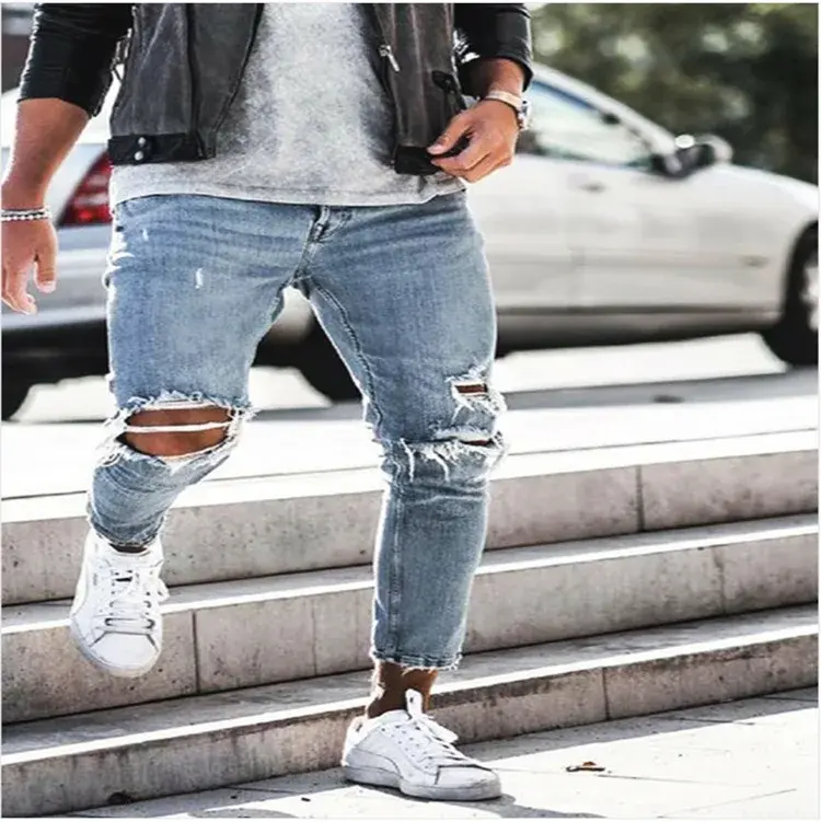 Men Jeans Ankle Length Holes Pencil Pants Denim Mid Waist Washing Sheath Slim Fit Moto Biker Pockets Zipper Y2k Punk Streetwear