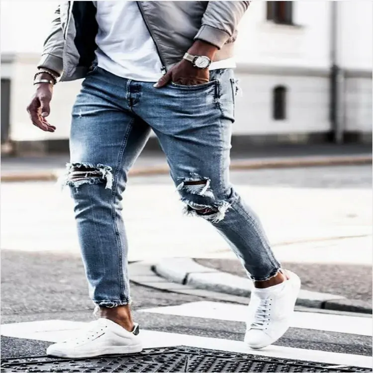 Men Jeans Ankle Length Holes Pencil Pants Denim Mid Waist Washing Sheath Slim Fit Moto Biker Pockets Zipper Y2k Punk Streetwear
