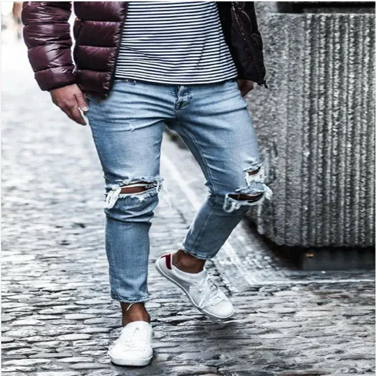 Men Jeans Ankle Length Holes Pencil Pants Denim Mid Waist Washing Sheath Slim Fit Moto Biker Pockets Zipper Y2k Punk Streetwear