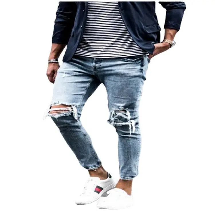 Men Jeans Ankle Length Holes Pencil Pants Denim Mid Waist Washing Sheath Slim Fit Moto Biker Pockets Zipper Y2k Punk Streetwear