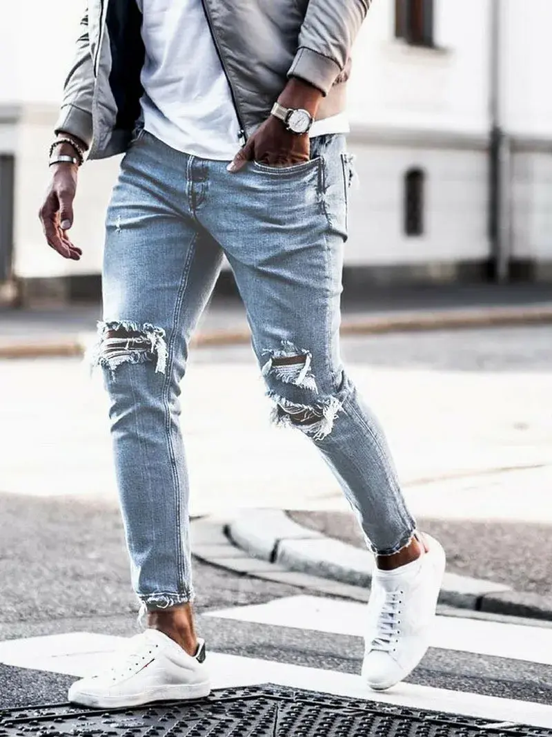 Men Jeans Ankle Length Holes Pencil Pants Denim Mid Waist Washing Sheath Slim Fit Moto Biker Pockets Zipper Y2k Punk Streetwear