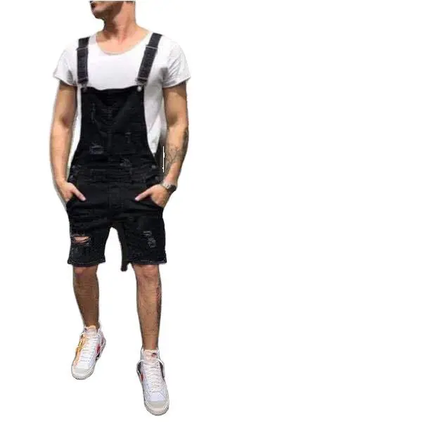 Men Overalls Playsuits Denim One Piece Jeans Shorts Rompers Washing Slim Fit Holes Pockets Distressed Spliced Streetwear 2024