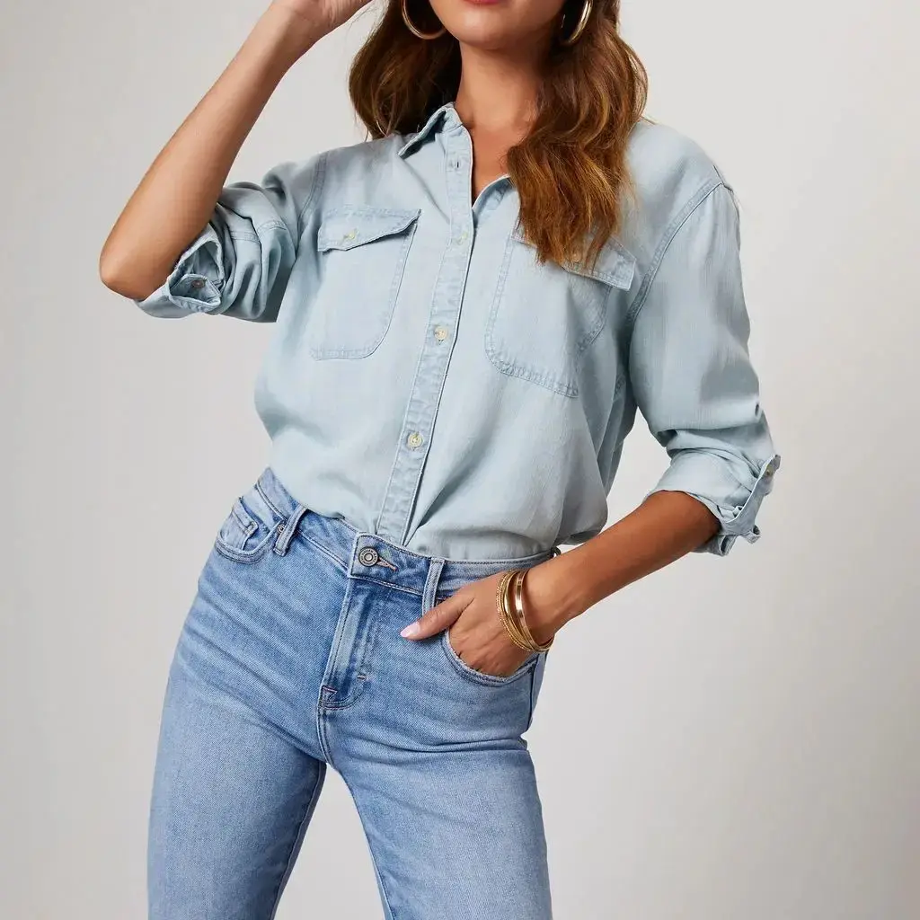 Denim Shirts Women Streetwear Blouse Washed Outerwear Pocket Mom Jeans Turn Down Collar Single Breasted Tops 2025 Y2k Streetwear