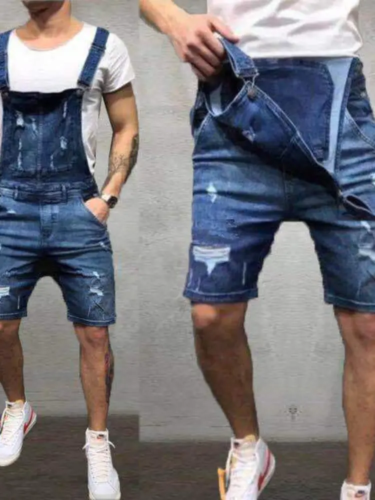 Men Overalls Playsuits Denim One Piece Jeans Shorts Rompers Washing Slim Fit Holes Pockets Distressed Spliced Streetwear 2024