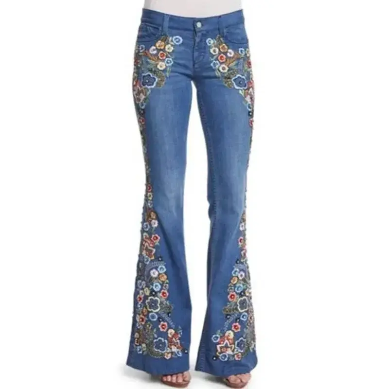 Distressed Flare Jeans Women High Waist Denim Blue Pant Vintage Embroidery Ankle Length Pants Casual Basics 2025 Pockets Loose
