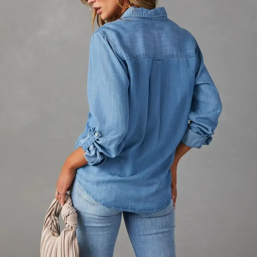 Denim Shirts Women Streetwear Blouse Washed Outerwear Pocket Mom Jeans Turn Down Collar Single Breasted Tops 2025 Y2k Streetwear
