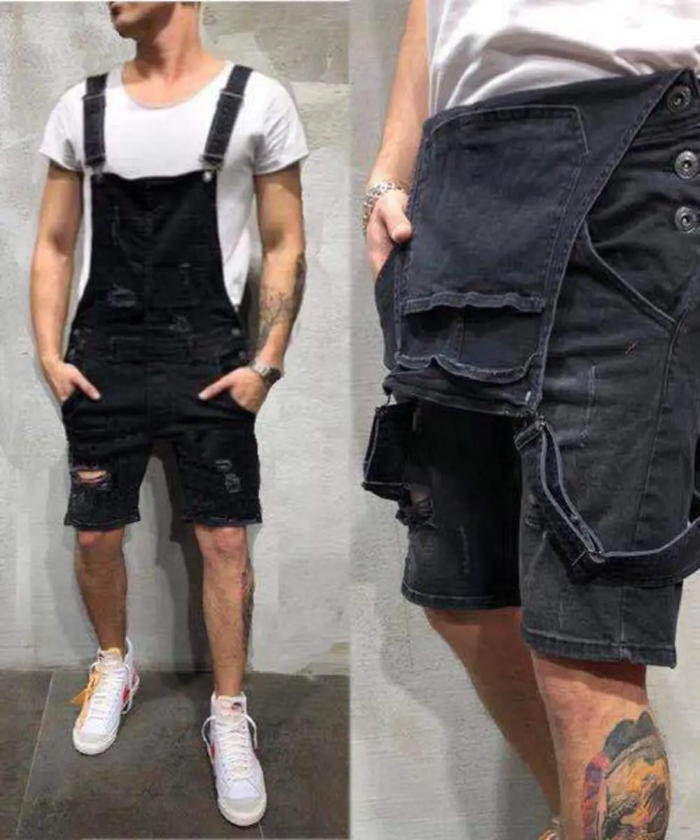 Men Overalls Playsuits Denim One Piece Jeans Shorts Rompers Washing Slim Fit Holes Pockets Distressed Spliced Streetwear 2024