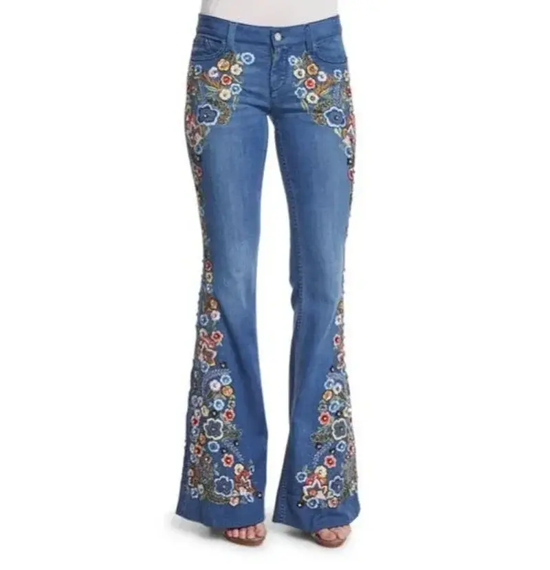 Distressed Flare Jeans Women High Waist Denim Blue Pant Vintage Embroidery Ankle Length Pants Casual Basics 2025 Pockets Loose