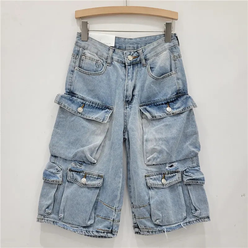 Denim Pant Women Mom Jeans Calf Length Pants Pockets High Waist Straight Trousers Y2k Streetwear Club Splice Casual Loose 2025