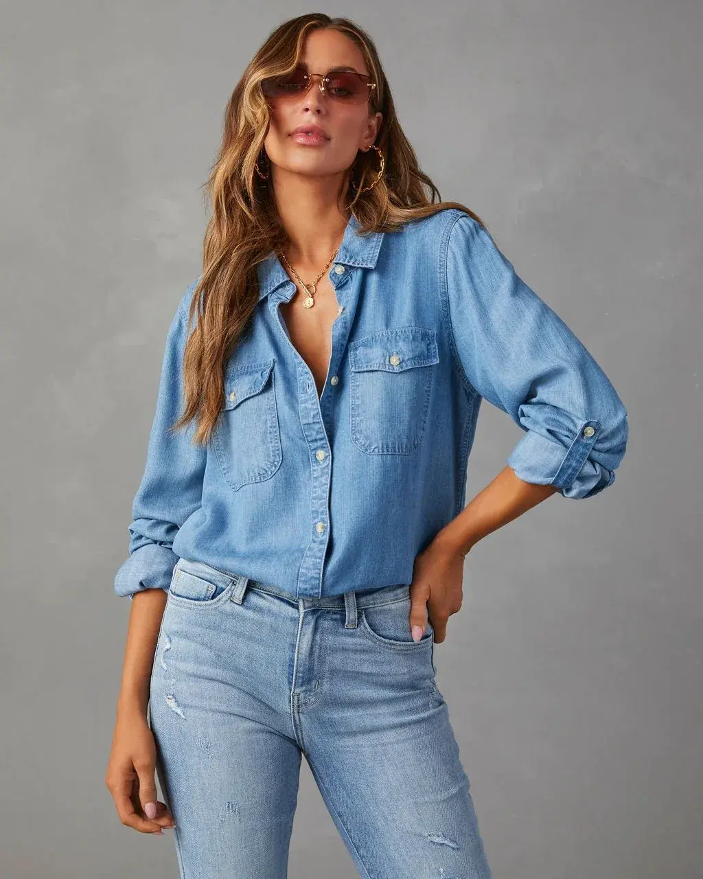 Denim Shirts Women Streetwear Blouse Washed Outerwear Pocket Mom Jeans Turn Down Collar Single Breasted Tops 2025 Y2k Streetwear