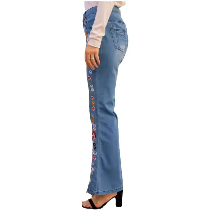 Distressed Flare Jeans Women High Waist Denim Blue Pant Vintage Embroidery Ankle Length Pants Casual Basics 2025 Pockets Loose
