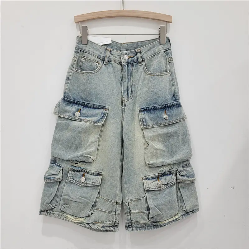 Denim Pant Women Mom Jeans Calf Length Pants Pockets High Waist Straight Trousers Y2k Streetwear Club Splice Casual Loose 2025