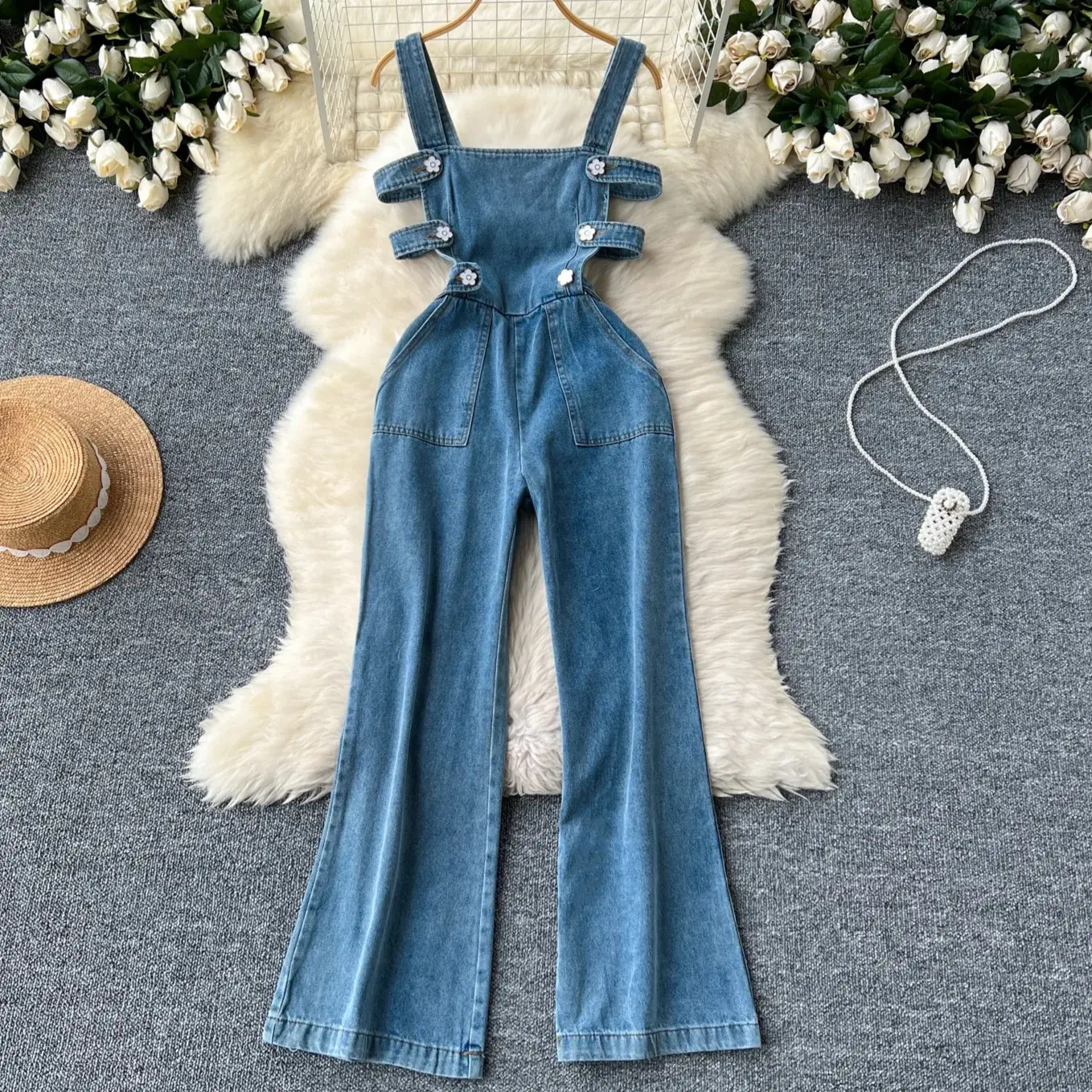 Jumpsuits Women Denim Suspender Jeans One Piece Wide Leg Pants Washed Mom Distressed Pockets Trousers Summer 2025 Streetwear