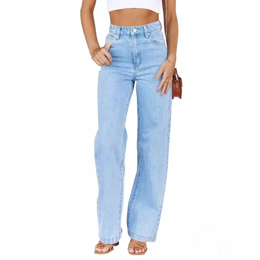 Women Jeans Straight Pants Denim Washing High Waist Loose Fit Pockets Button Basics Wide Leg Trousers Solid Color 2024 Casual