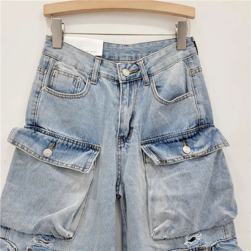 Denim Pant Women Mom Jeans Calf Length Pants Pockets High Waist Straight Trousers Y2k Streetwear Club Splice Casual Loose 2025