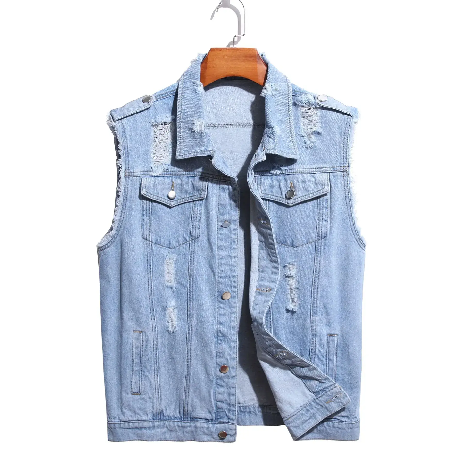 Denim Vest Men Sleeveless Jacket Ripped Holes Pockets Single Breasted Turn Down Collar Punk Distressed Coat Casual Coats Gothic