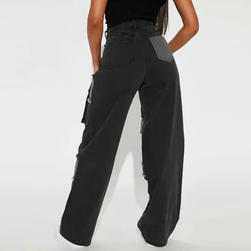 Women Straight Jeans Denim Wide Leg Pants Patchwork High Waist Pockets Button 2025 Autumn Vintage Trousers Strecth Denims