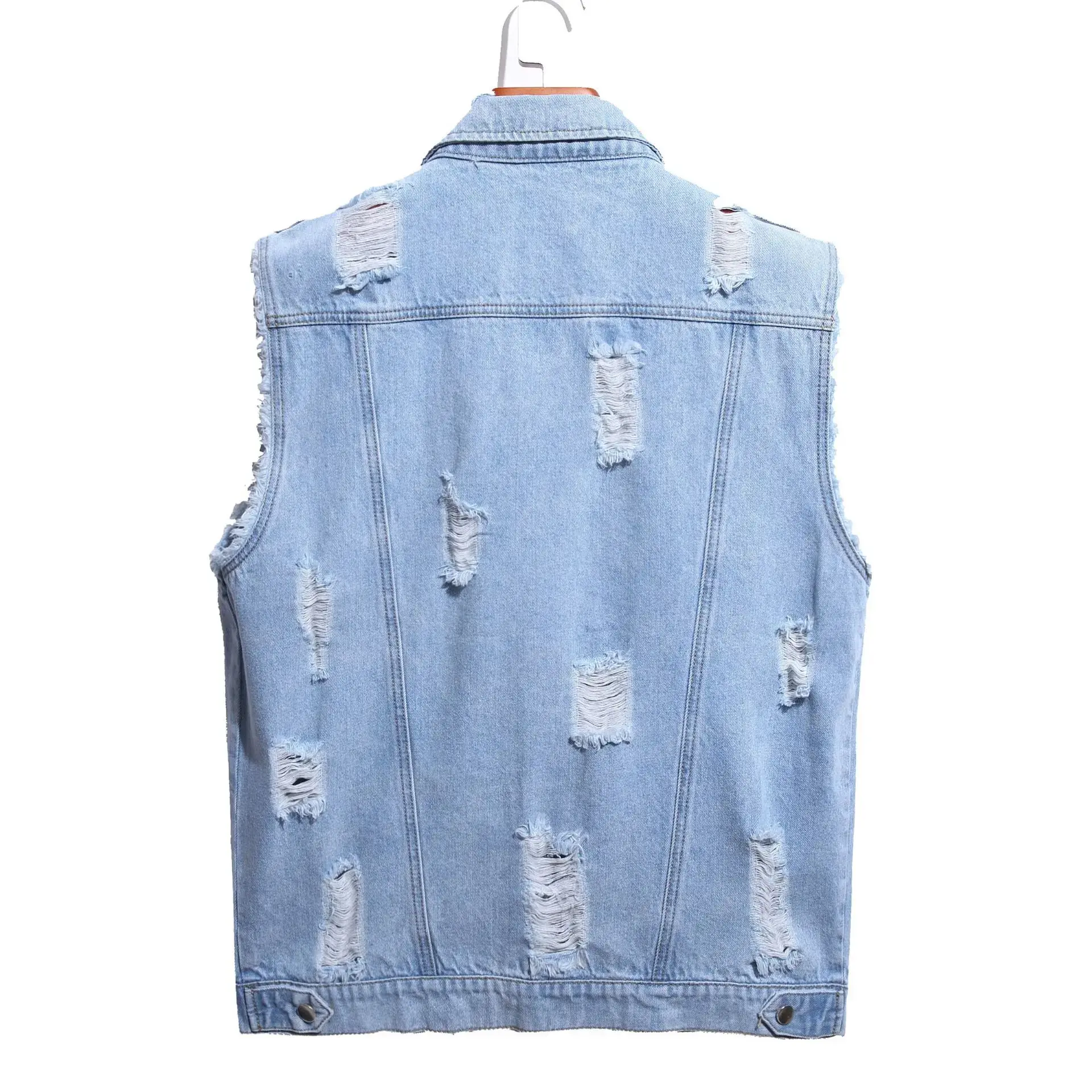 Denim Vest Men Sleeveless Jacket Ripped Holes Pockets Single Breasted Turn Down Collar Punk Distressed Coat Casual Coats Gothic