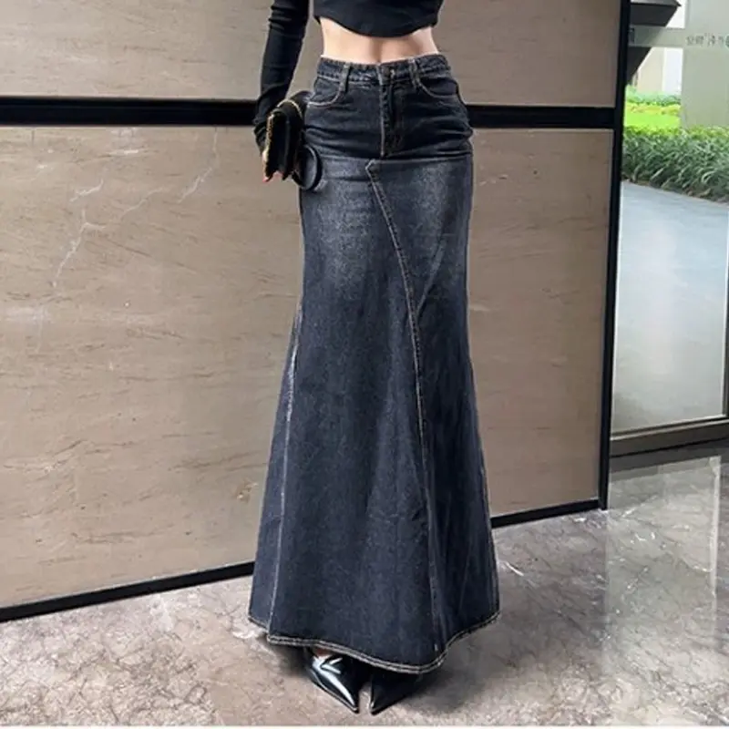 Maxi Skirt Women Casual Mermaid Streatwear High Waist Zipper Denim Skirts Y2k Streetwear Loose Long Mom Jeans Ankle Lenth Summer