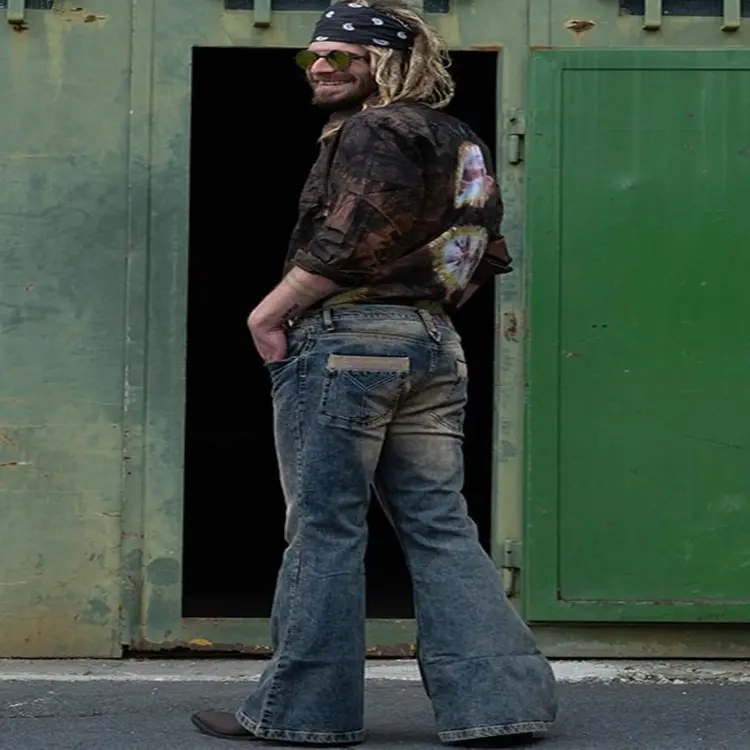 Men Jeans Distressed Boot Cut Ankle Length Denim Slim Fit Zipper Pockets Slight Strech Mid Waist Punk Style Spring 2024